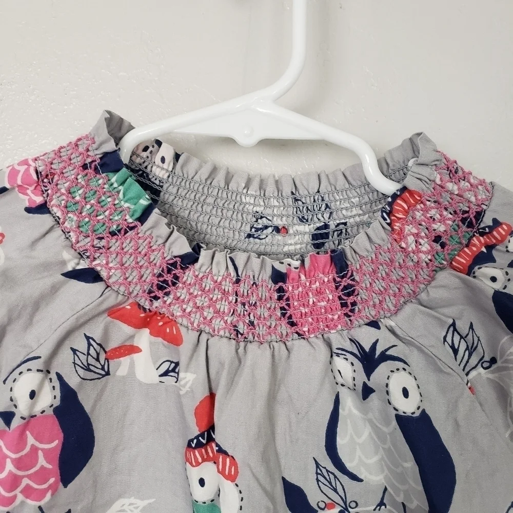 Mini Boden Girls 6-7 Long Sleeve Dress Grey Colorful Owls Smock Neck Cuffs Pink